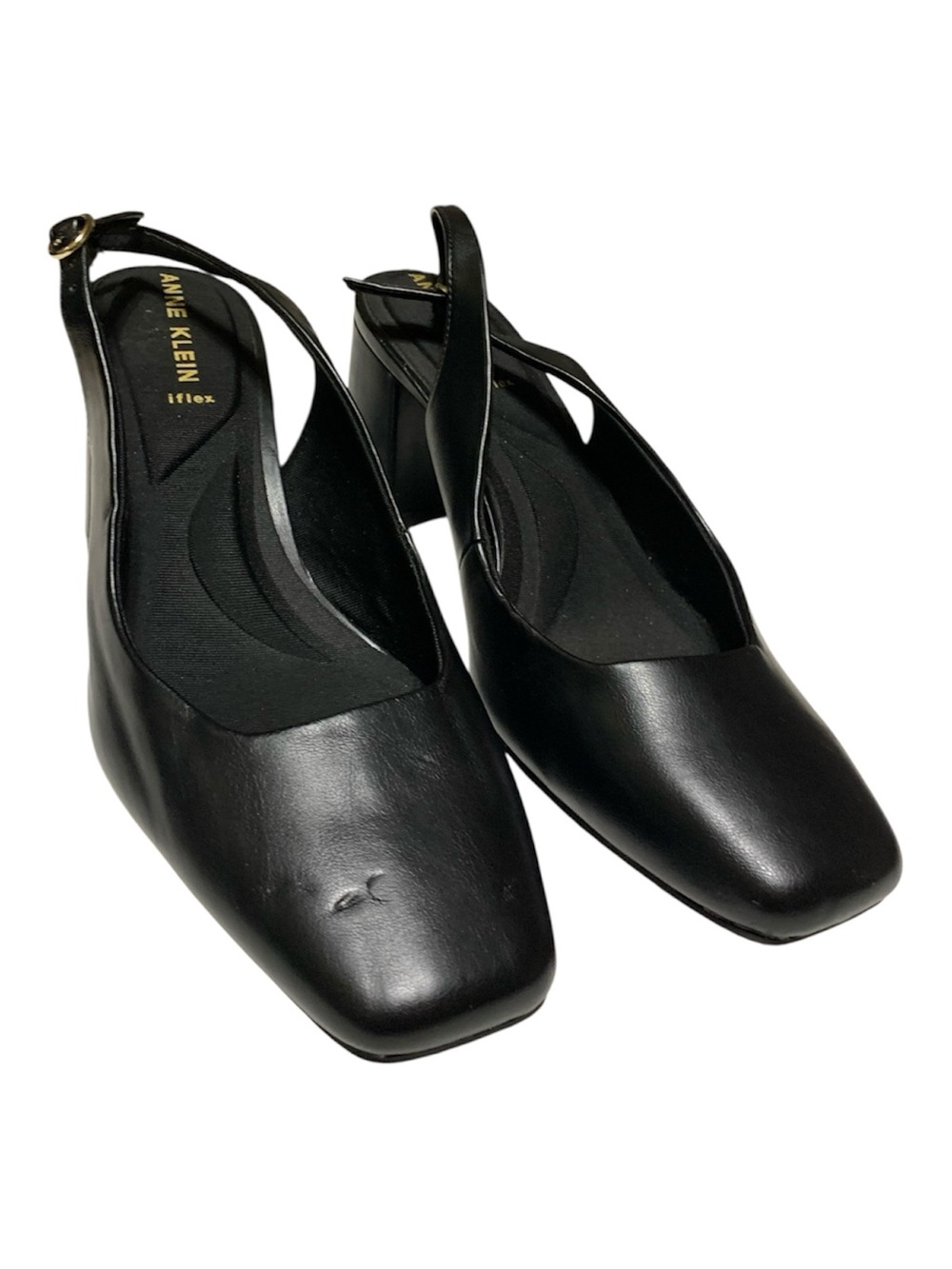 Anne Klein Black Leather Slingback Square-Toe Heels